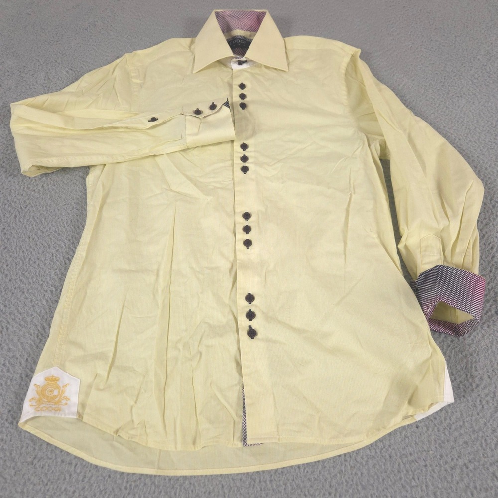 Coogi Shirt Men Medium Yellow Luxe Pinstripe Embroidered Logo Button Down Cotton
